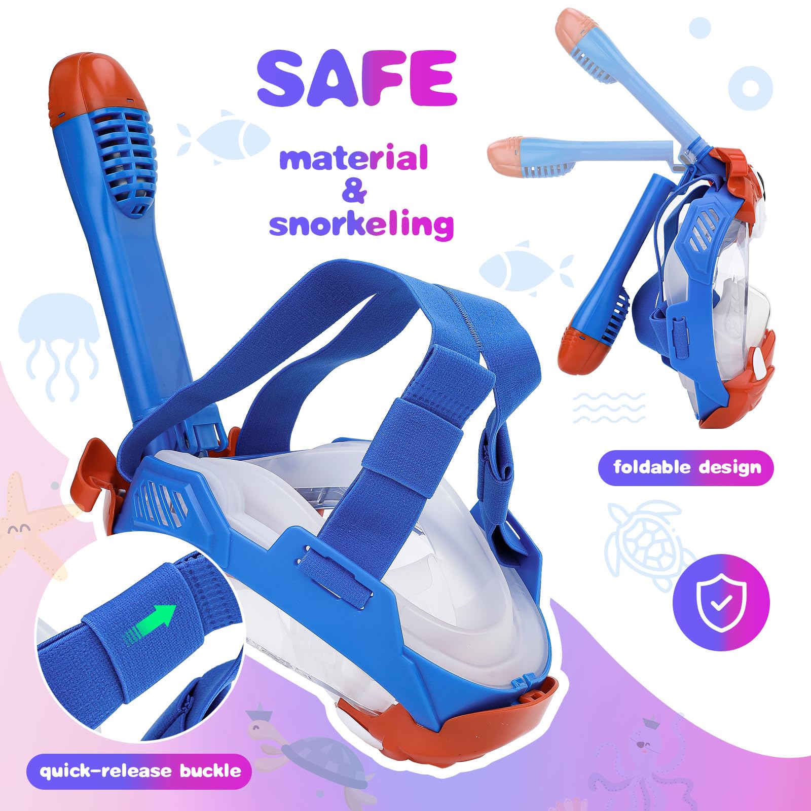Full Face Snorkel Mask for Kids 4-16, 180 Degree Panoramic View Snorkeling Set Anti-Fog Anti-Leak, Foldable Dry Top Snorkeling Gear for Kids - Image 4